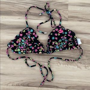 Billabong Black and Neon Floral Ruffles Bikini Top
